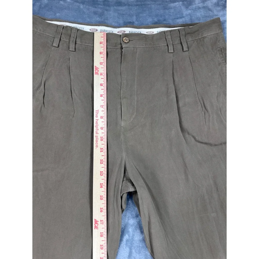 Baracuta Mens 42 100% Silk Pleated Trousers Olive Brown Herringbone Wide Leg
